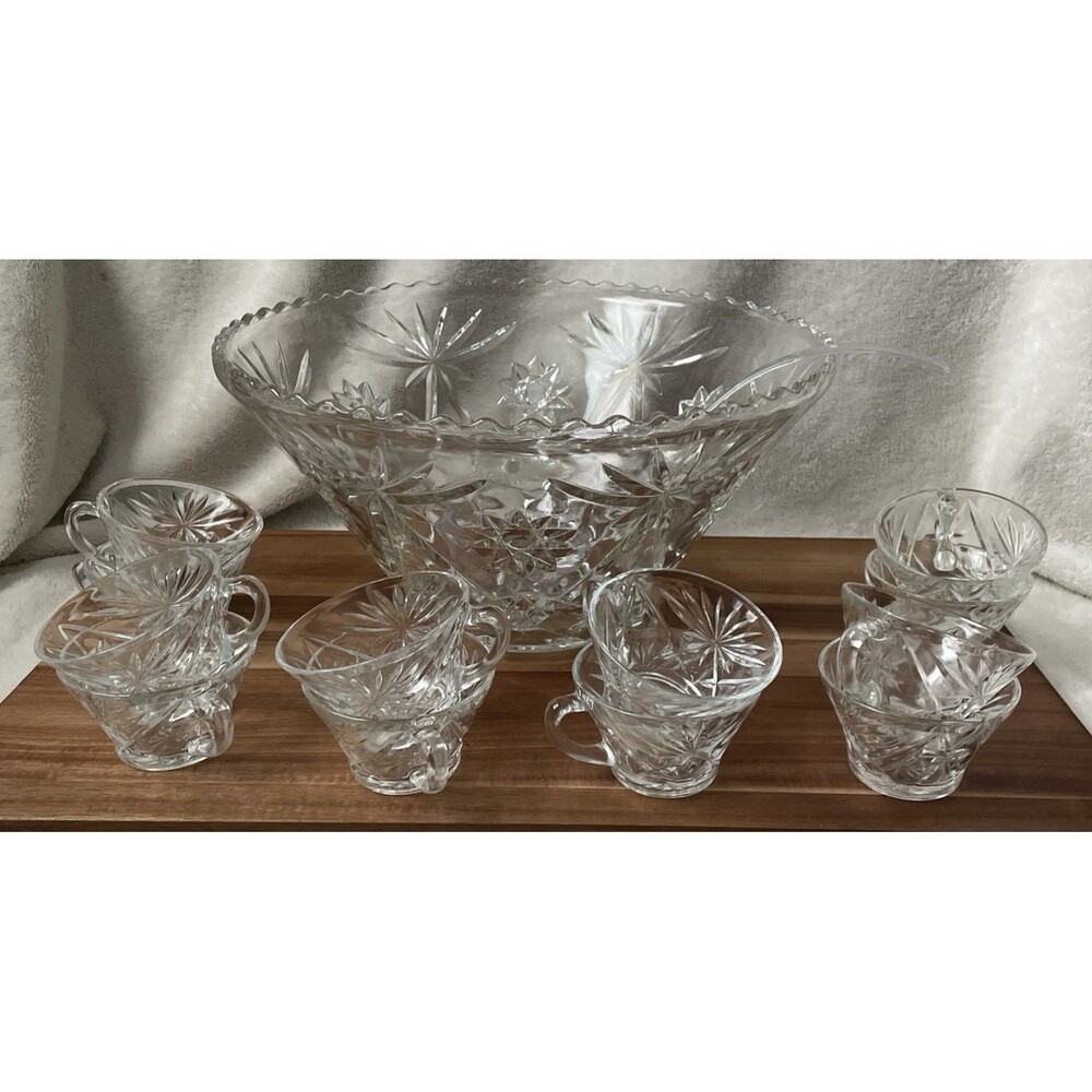Vintage Mid Century Modern Glass Punch Bowl, (12) glass mugs & Ladle